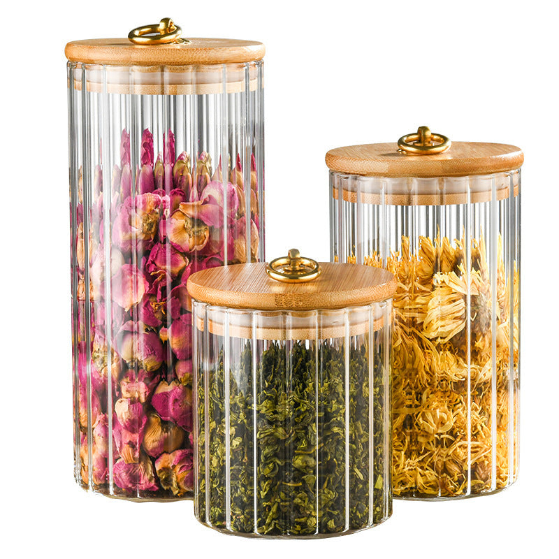 Wooden Lidded Striped Tea And Snacks Storage Jar